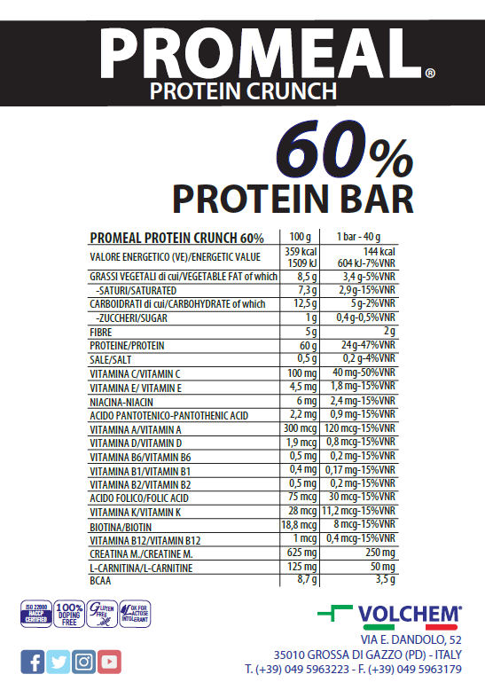 PROMEAL ® PROTEIN CRUNCH 60% 40gr - VOLCHEM - Vaniglia